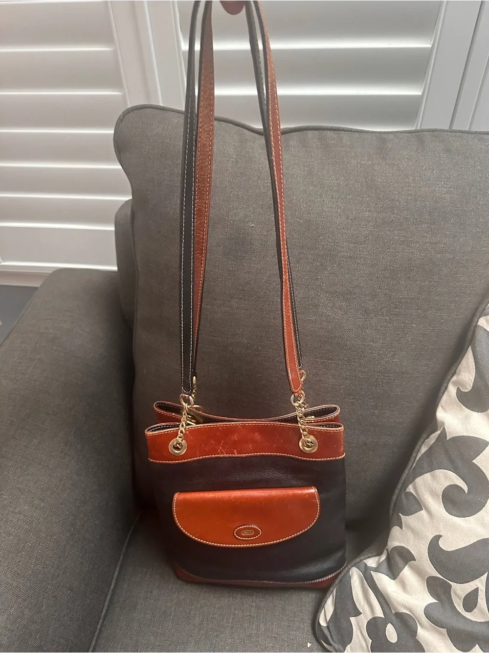 Bally Black and Brown Leather Messenger Tote with Gold Chain